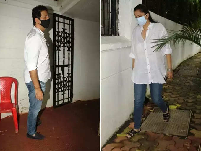 Suleiman Merchant arrives at Mandira Bedi's house with his wife Reshma Merchant