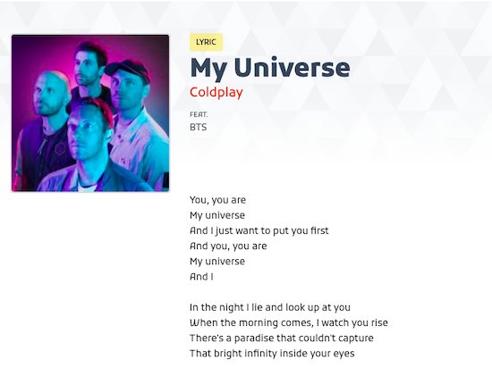 my universe coldplay ft bts lyrics