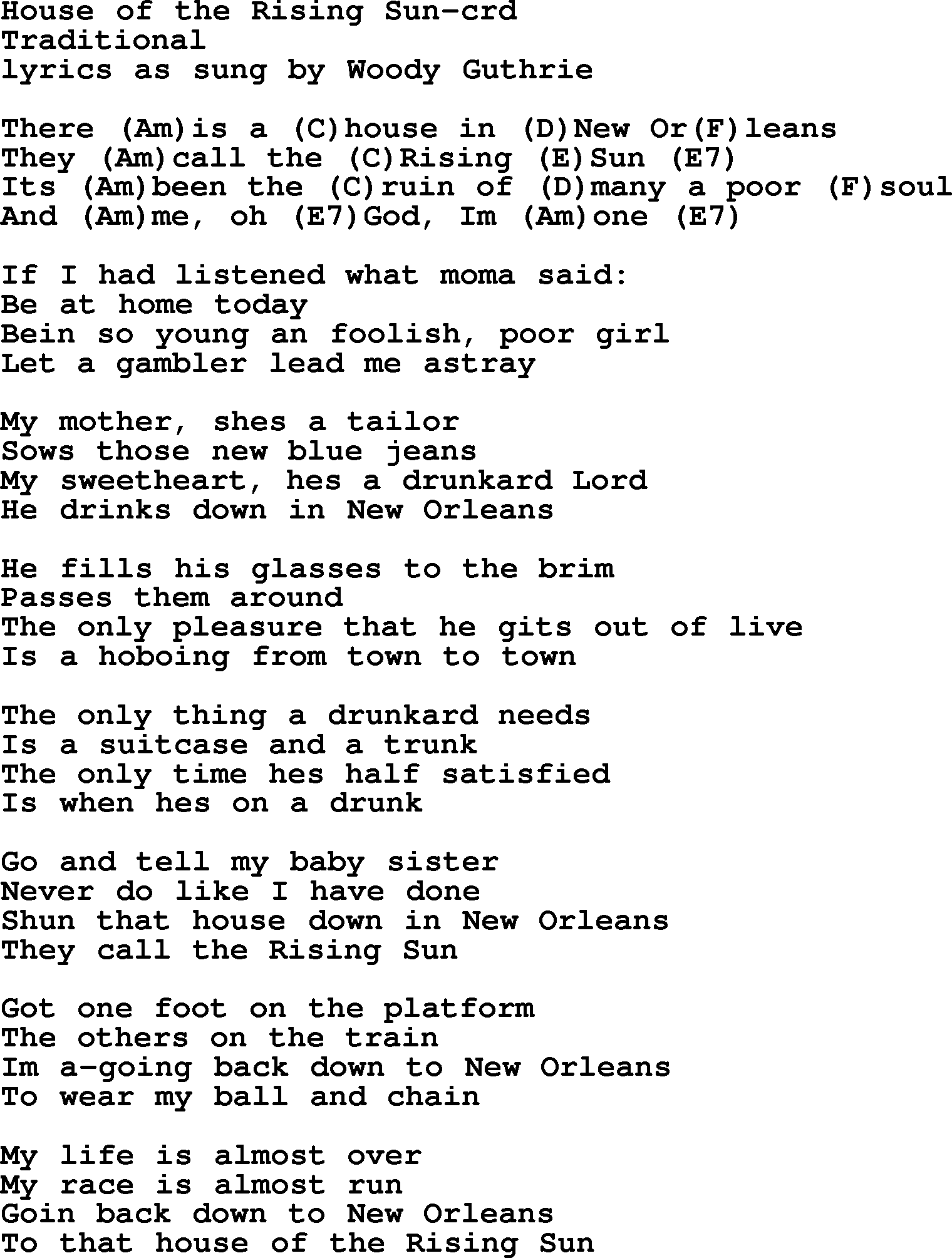 the house of the rising sun lyrics