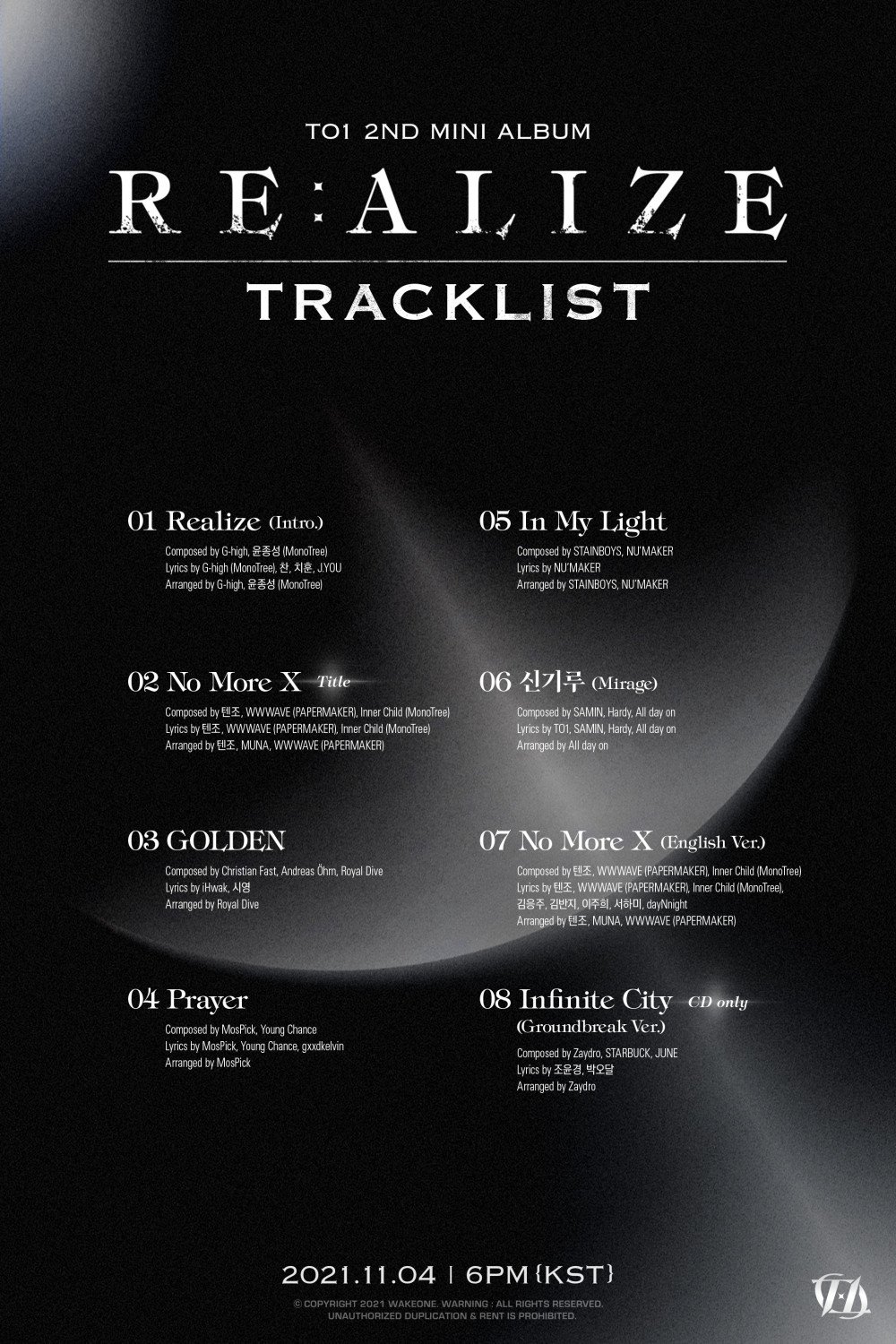 to1 realize lyrics and tracklist